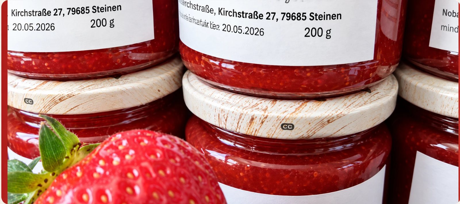 Gestapelte Gläser mit Erdbeer-Fruchtaufstrich und Etikett, davor eine frische Erdbeere.