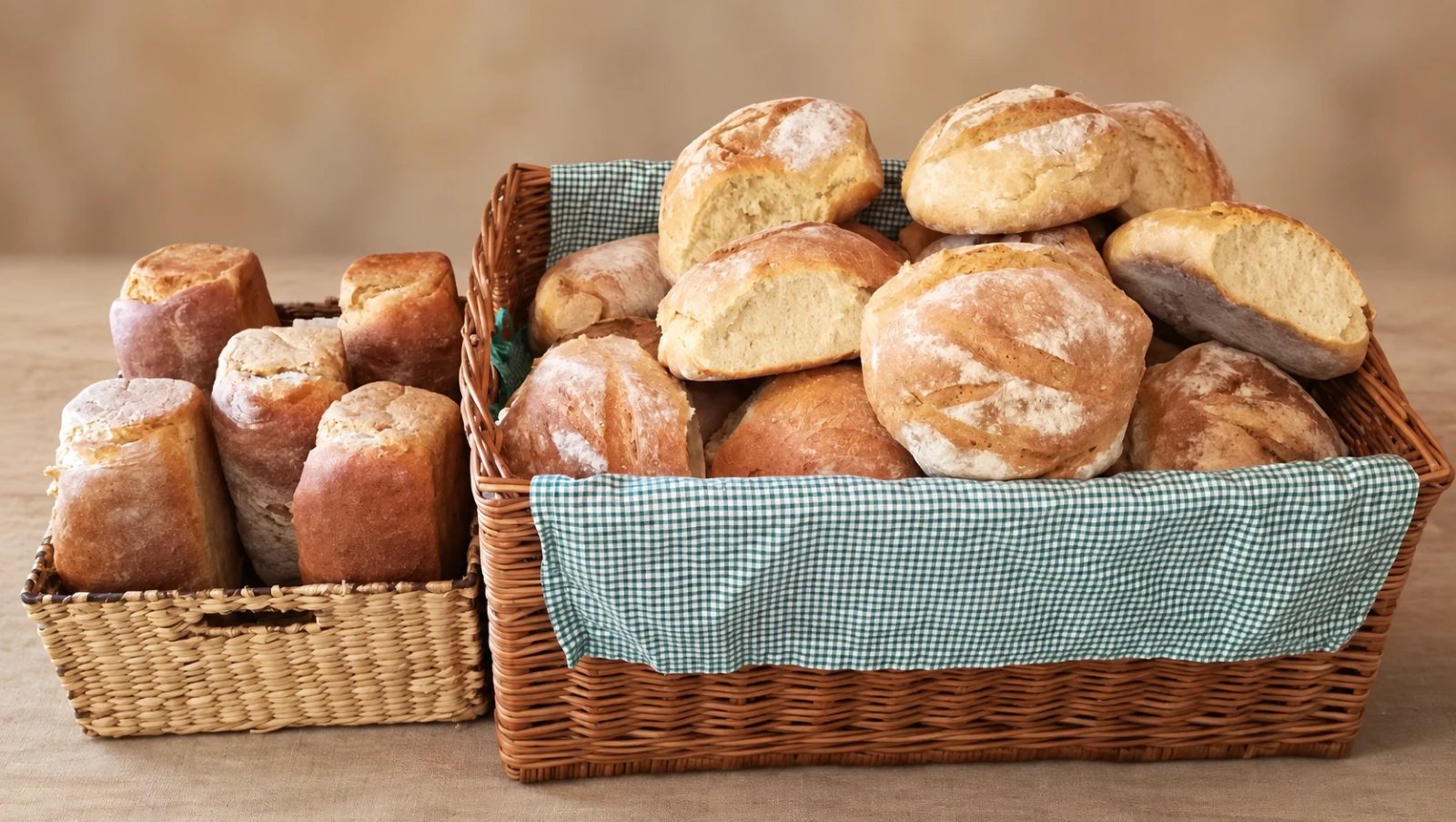Zwei Weidenkörbe mit Brötchen, Laiben und Kastenbroten auf kariertem Tuch.